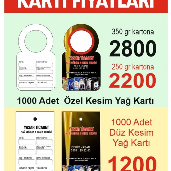 Oto Yağ kartı Fiyatları